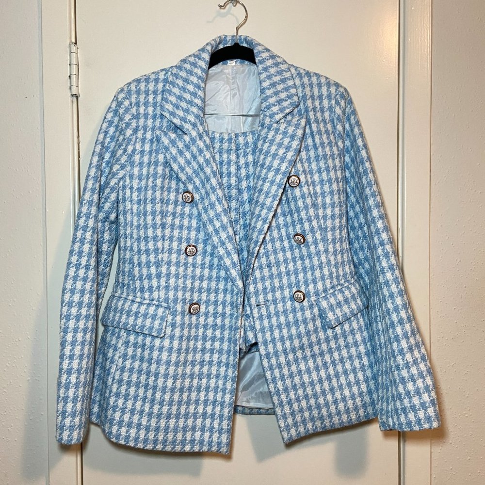 blue houndstooth blazer and short set